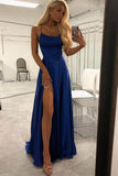 Simple Blue Spaghetti Straps Long Prom Dresses Evening Dress with Thigh Slit, M306