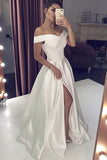 Ivory A-line Off Shoulder Long Prom Dresses Evening Dresses With Slit, SP683