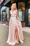 A-line V-neck Spaghetti Straps Prom Dresses, Evening Dresses With Slit, SP682 | blush pink prom dresses | simple prom dresses | cheap prom dresses | evening dresses | www.simidress.com
