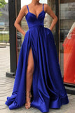 Fancy Royal Blue Satin A Line V Neck Prom Dresses, Evening Dresses, SP676