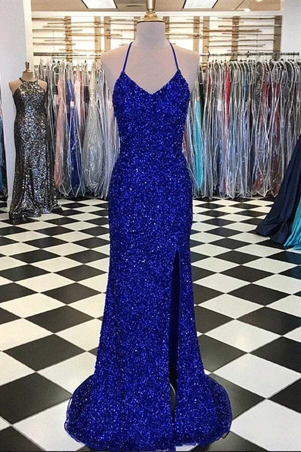 Sparkly Sheath Royal Blue Prom Dresses, Evening Dresses with Slit, SP679 | royal blue prom dresses | royal blue prom dress | sequins prom dresses | cheap prom dresses | long prom dresses | evening dresses | www.simidress.com