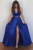 Cute Two Piece Floor Length Royal Blue Prom Dresses With Front Split, SP680