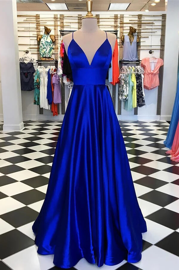 Simple Blue Satin Prom Dresses Long V Neck Evening Dresses with Split –  MyChicDress
