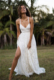 Charming A-line Lace Long Fashion Spaghetti Straps Wedding Dresses, SW145