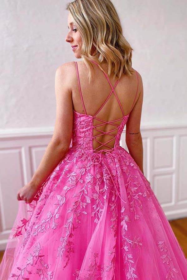 Tulle Lace Scoop Neck Spaghetti Straps Long Prom Dresses, Evening Dress, SP670 | long prom dresses | cheap prom dresses | formal dresses | evening dresses | gowns prom | pink prom dresses | www.simidress.com