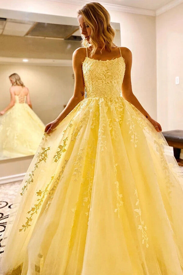 Tulle Lace Scoop Neck Spaghetti Straps Long Prom Dresses, Evening Dress, SP670 | prom dresses | evening dresses | formal dresses | cheap prom dresses | yellow prom dresses | lace prom dresses | simidress.com