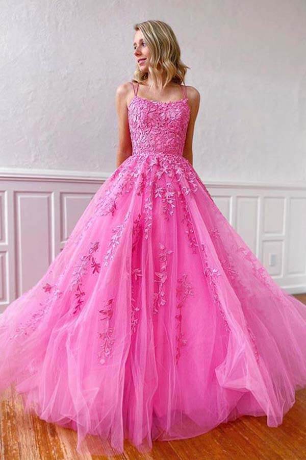 Tulle Lace Scoop Neck Spaghetti Straps Long Prom Dresses, Evening Dress, SP670 | long prom dresses | prom gowns | evening dresses | formal dresses | pink prom dresses | www.simidress.com