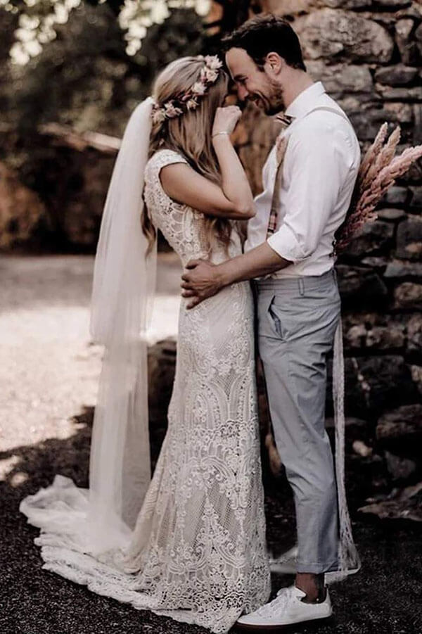 Gorgeous Sheath Boho Cap Sleeve Vintage Lace Rustic Wedding Dress with Simidress Gorgeous Sheath Boho Cap Sleeve Vintage Lace Rustic Wedding Dress with Simidress