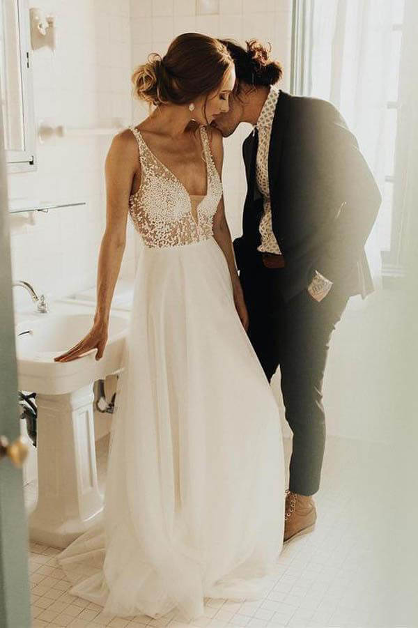 A-line V-neck Tulle Sweep Train Wedding Dresses, Bridal Dress with Pearls, SW409 | wedding dresses | cheap wedding dresses | bridal gowns | bridal dresses | www.simidress.com