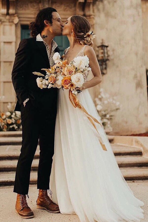 A-line V-neck Tulle Sweep Train Wedding Dresses, Bridal Dress with Pearls, SW409 | bridal gowns | bridal dresses | cheap wedding dresses | beach wedding dresses | www.simidress.com