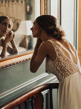 A-line V-neck Tulle Sweep Train Wedding Dresses, Bridal Dress with Pearls, SW409 | wedding gowns | wedding dresses | beach wedding dresses | bridals | bridal gowns | Simidress