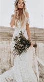 Ivory Lace Rustic Mermaid Illusion Neckline Beach Wedding Dresses, Bridal Dress, SW187 | beach wedding dresses | lace wedding dresses | lace wedding dresses | ivory wedding dresses | boho wedding dresses | www.simidress.com