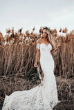 Ivory Lace Rustic Mermaid Illusion Neckline Beach Wedding Dresses, Bridal Dress, SW187 | wedding dresses | beach wedding dresses | mermaid wedding dresses | lace wedding dress | ivory wedding dresses | www.simidress.com