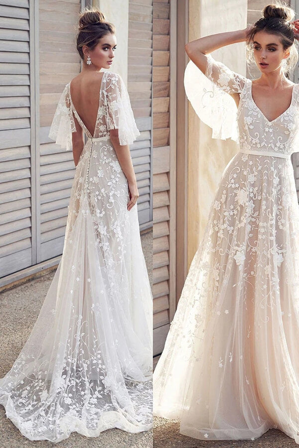 Ivory V-neck Beach Wedding Dresses with Lace Appliques, Bridal Dresses, SW407 | short sleeve wedding dresses | cheap lace wedding dresses | cheap wedding dresses | wedding dresses | wedding gowns | bridal dresses | simidress.com