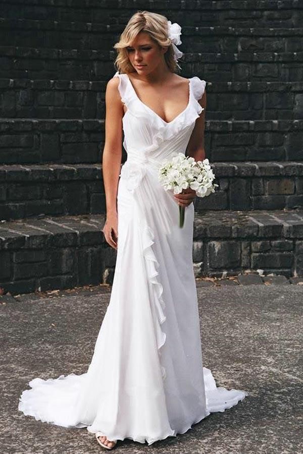 chiffon beach wedding dresses Zapakasa Women Ivory Chiffon Beach Maxi Engagement Dress A Line Deep V-Neck  Rehearsal Dinner Dress main image 0