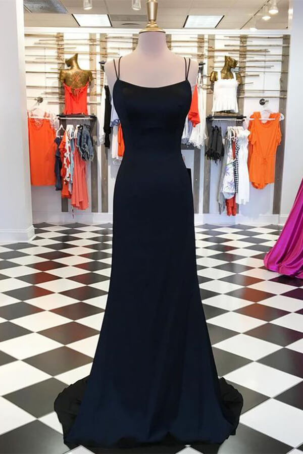 simple black prom dress Black Satin Sheath Spaghetti Straps Long Prom Dress SP718