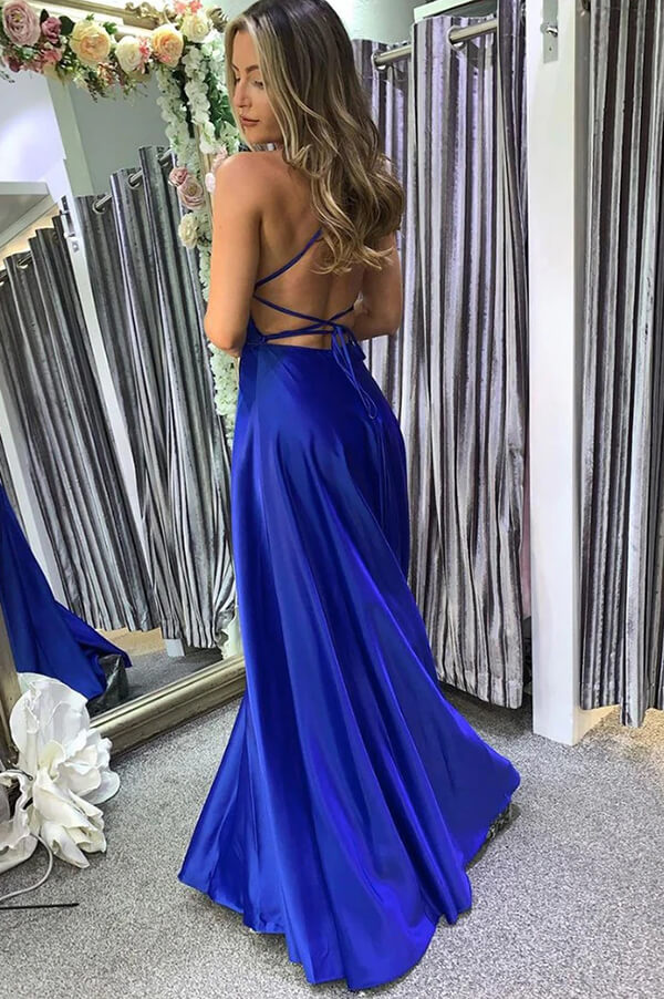 Candace Blue Satin and Lace Gown - Larissa Couture LV