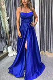 Simple Blue Satin A-line Long Prom Dresses With High Slit, Evening Gowns, SP798