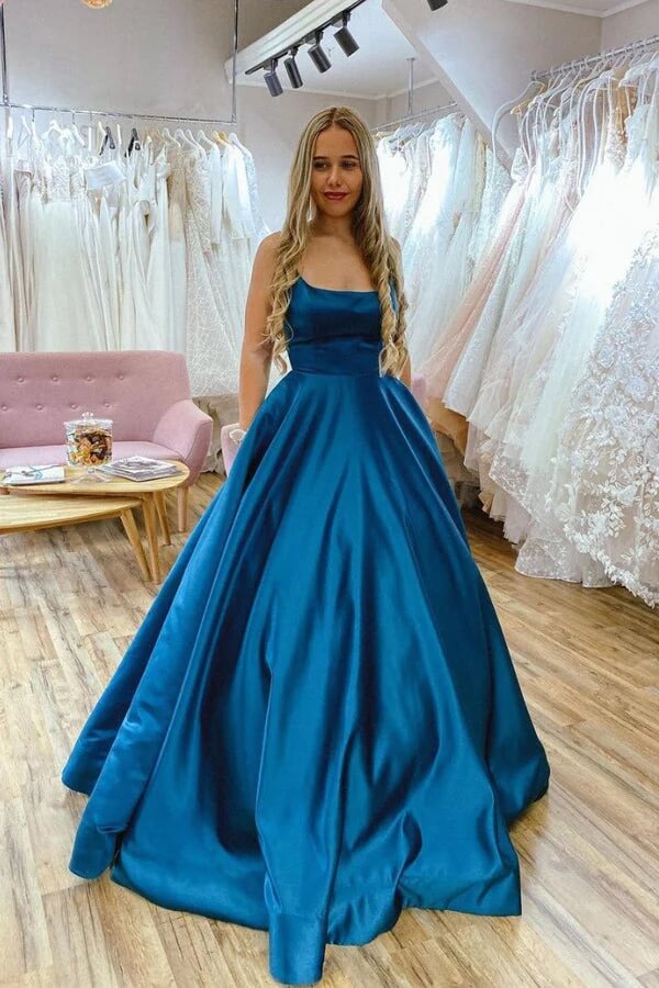 Simple Blue Satin A line Scoop Backless Long Prom Dresses Evening Gowns SP835