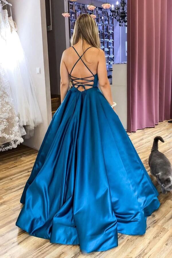 Simple Blue Satin Long Prom Dresses, Blue Formal Party Dress – dresstby