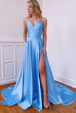 Simple Blue Satin A-line V-neck Prom Dresses, Evening Dress With Slit, SP782