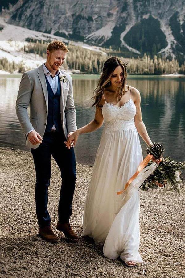 Simple Chiffon Lace A-line V-neck Spaghetti Straps Beach Wedding Dresses, SW499 | beach wedding dresses | a line lace wedding dress | bridal gown | www.simidress.com