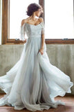 Simple Grey Chiffon A-line Off Shoulder Sweep Train Wedding Dresses, SW495 | grey wedding dresses | beach wedding dresses | wedding dress online | www.simidress.com