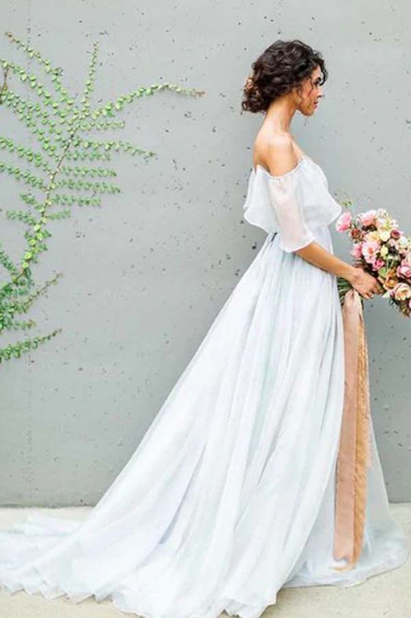 Simple Grey Chiffon A-line Off Shoulder Sweep Train Wedding Dresses, SW495 | vintage wedding dress | simple wedding gown | plus size wedding dresses | www.simidress.com