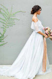 Simple Grey Chiffon A-line Off Shoulder Sweep Train Wedding Dresses, SW495 | vintage wedding dress | simple wedding gown | plus size wedding dresses | www.simidress.com