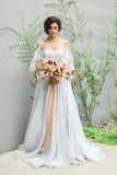 Simple Grey Chiffon A-line Off Shoulder Sweep Train Wedding Dresses, SW495