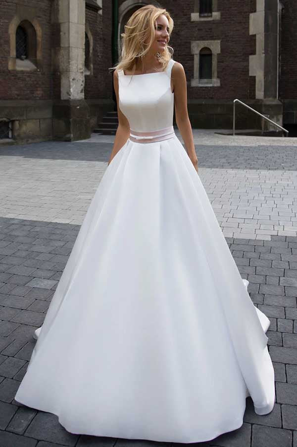 Simple Ivory Satin A-line Square Neck Wedding Dress SW515