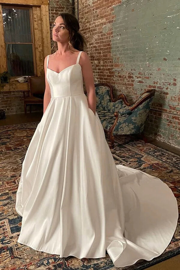 Simple Ivory Satin Spaghetti Straps Court Train Wedding Dress With Pockets, SW599 | cheap wedding dresses | a line wedding dress | bridal gown | simidress.com