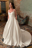 Simple Ivory Satin Spaghetti Straps Court Train Wedding Dress With Pockets, SW599 | cheap wedding dresses | a line wedding dress | bridal gown | simidress.com