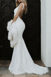 Simple Mermaid Lace Spaghetti Straps Long Wedding Dress, Bridal Gowns, SW500
