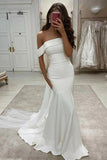 Simple Mermaid Satin Off-the-Shoulder Wedding Dresses With Sweep Train, SW568
