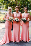 Simple Pink Satin Mermaid V-neck Bridesmaid Dresses With Sweep Train, BD119