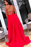 Simple Red A-line Satin High Slit Sweep Train Prom Dresses, Formal Dress, SP780 | simple prom dresses | long formal dresses | evening dresses | www.simidress.com