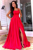 Simple Red A-line Satin High Slit Sweep Train Prom Dresses, Formal Dress, SP780