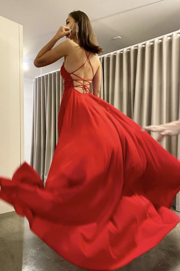 Simple Red Chiffon A-line Spaghetti Straps Long Prom Dresses With Side Split, SP777 | red prom dresses | long formal dresses | evening dresses | www.simidress.com