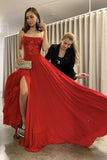 Simple Red Chiffon A-line Spaghetti Straps Long Prom Dresses With Side Split, SP777