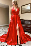 Simple Red Satin A-line V-neck Prom Dress With High Slit, Evening Dresses, SP793