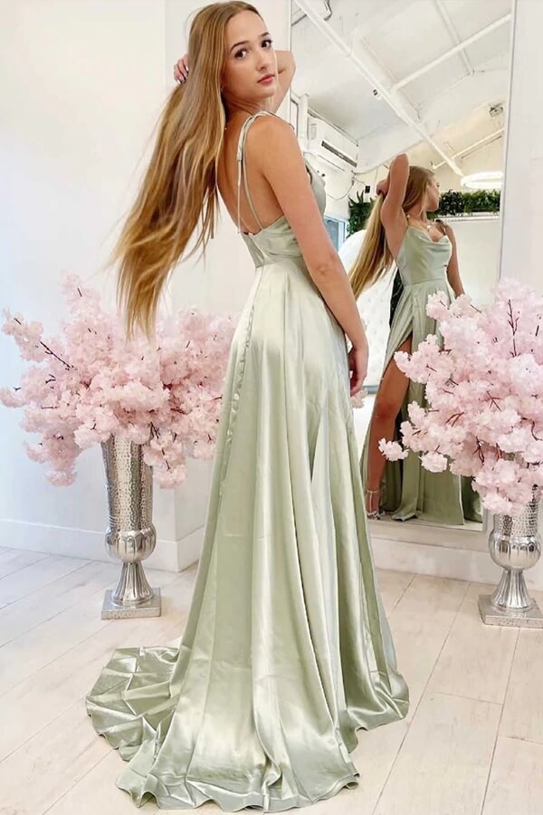 Simple Sage Green A-line Cowl Neck Prom Dresses with Slit, Evening Dress, SP813 | evening gown | party dresses | long formal dresses | www.simidress.com
