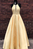 Simple Satin A-line Halter Floor-length Long Prom Dresses, Evening Dresses, SP706