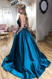 Satin A-line Scoop Neck Blue Prom Dress With Pockets, Evening Gowns, SP810 | cheap long prom dresses | vintage prom dresses | simple prom dresses | www.simidress.com