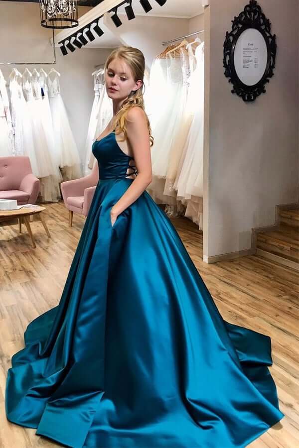 Royal Blue Satin Spaghetti Strap Scoop Backless A-line Prom Dresses,PD –  AlineBridal