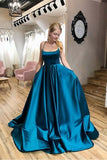 Satin A-line Scoop Neck Blue Prom Dress With Pockets, Evening Gowns, SP810