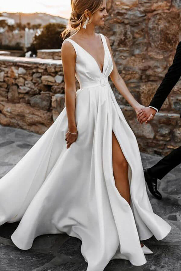 Simple Satin A-line V-neck Court Train Sleeveless Split Wedding Dresses, SW479 | Simidress Simple Satin A-line V-neck Court Train Sleeveless Split Wedding Dresses, SW479 | Simidress