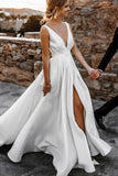 Simple Satin A-line V-neck Court Train Sleeveless Split Wedding Dresses, SW479 | satin a line wedding dress | simple wedding dress | beach wedding gown | www.simidress.com
