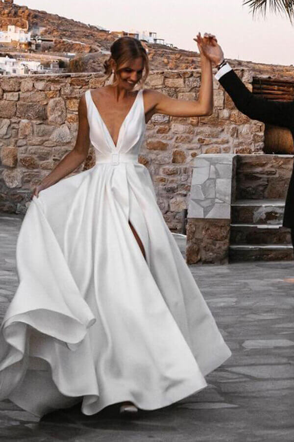 Simple Satin A-line V-neck Court Train Sleeveless Split Wedding Dresses, SW479 | Simidress Simple Satin A-line V-neck Court Train Sleeveless Split Wedding Dresses, SW479 | Simidress