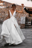Simple Satin A-line V-neck Court Train Sleeveless Split Wedding Dresses, SW479 | beach wedding dresses | a line wedding dresses | v neck wedding dresses | www.simidress.com